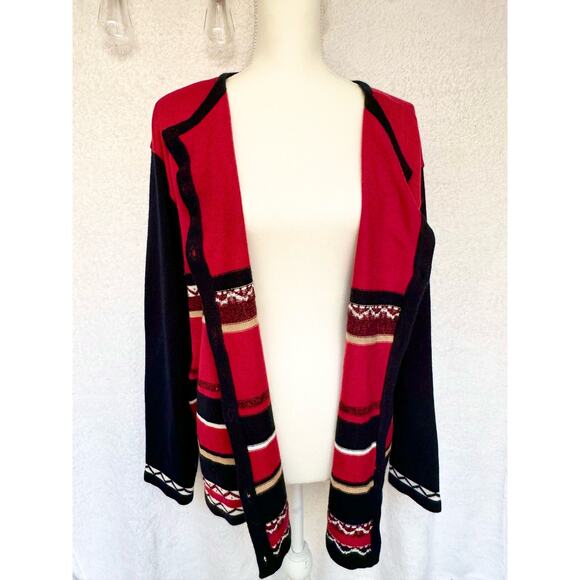 erin london Sweaters - Vintage 90's Erin London Acrylic Red & Black Button Up Cardigan Sweater 1X XL